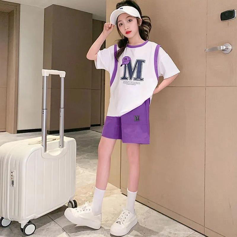 Girls' short-sleeve outfit:  summer new arrival - casual, simple, versatile, trendy, loose-fit, comfortable two-piece set for girls