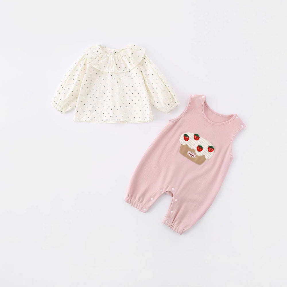 Infant and toddler clothing, spring and autumn outfits, baby girl sets, cute cartoon strawberry overalls two-piece set with polka dot peter pan collar