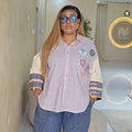 European and american cross-border women's clothing:  summer new arrivals - fashionable, designer, unique, turn-down collar, loose fit, plus size striped shirt