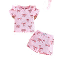 european and american girls' short-sleeve top and shorts set - bow print summer fashion two-piece outfit