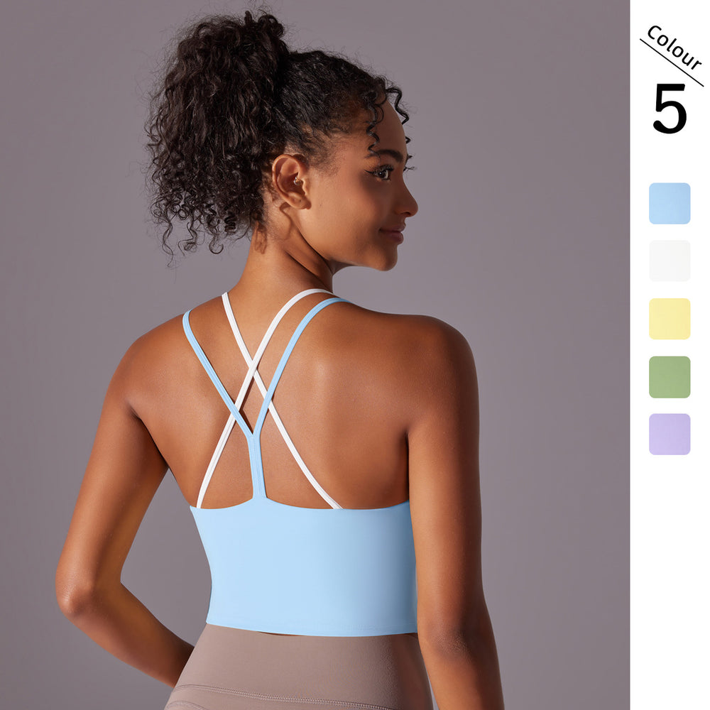 New solid color racerback double-layer crisscross double-sided brushed nylon sports bra running fitness yoga top for women