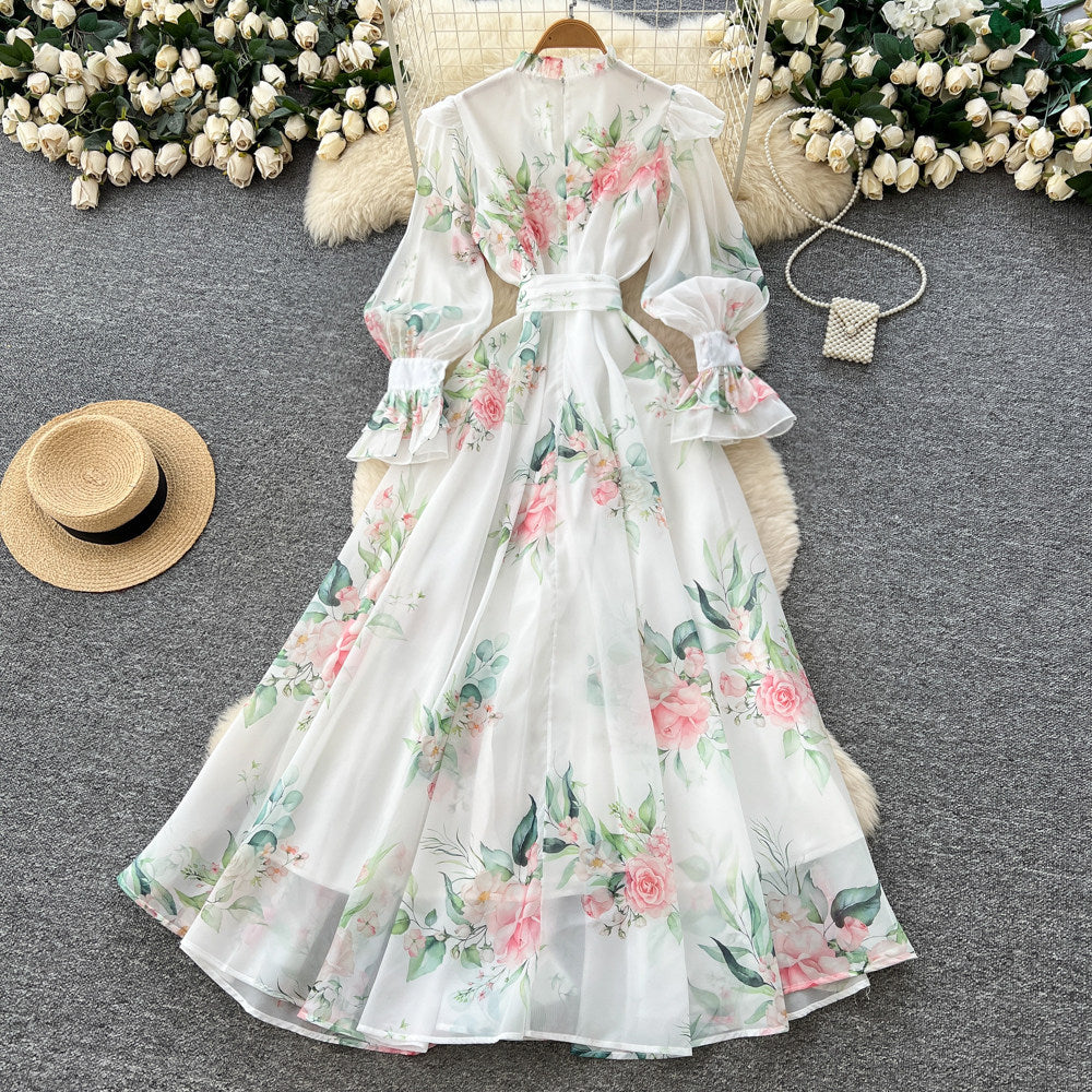 French romantic floral print tie-waist dress - women's early spring long sleeve v-neck a-line maxi dress - elegant
