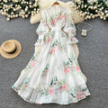 French romantic floral print tie-waist dress - women's early spring long sleeve v-neck a-line maxi dress - elegant