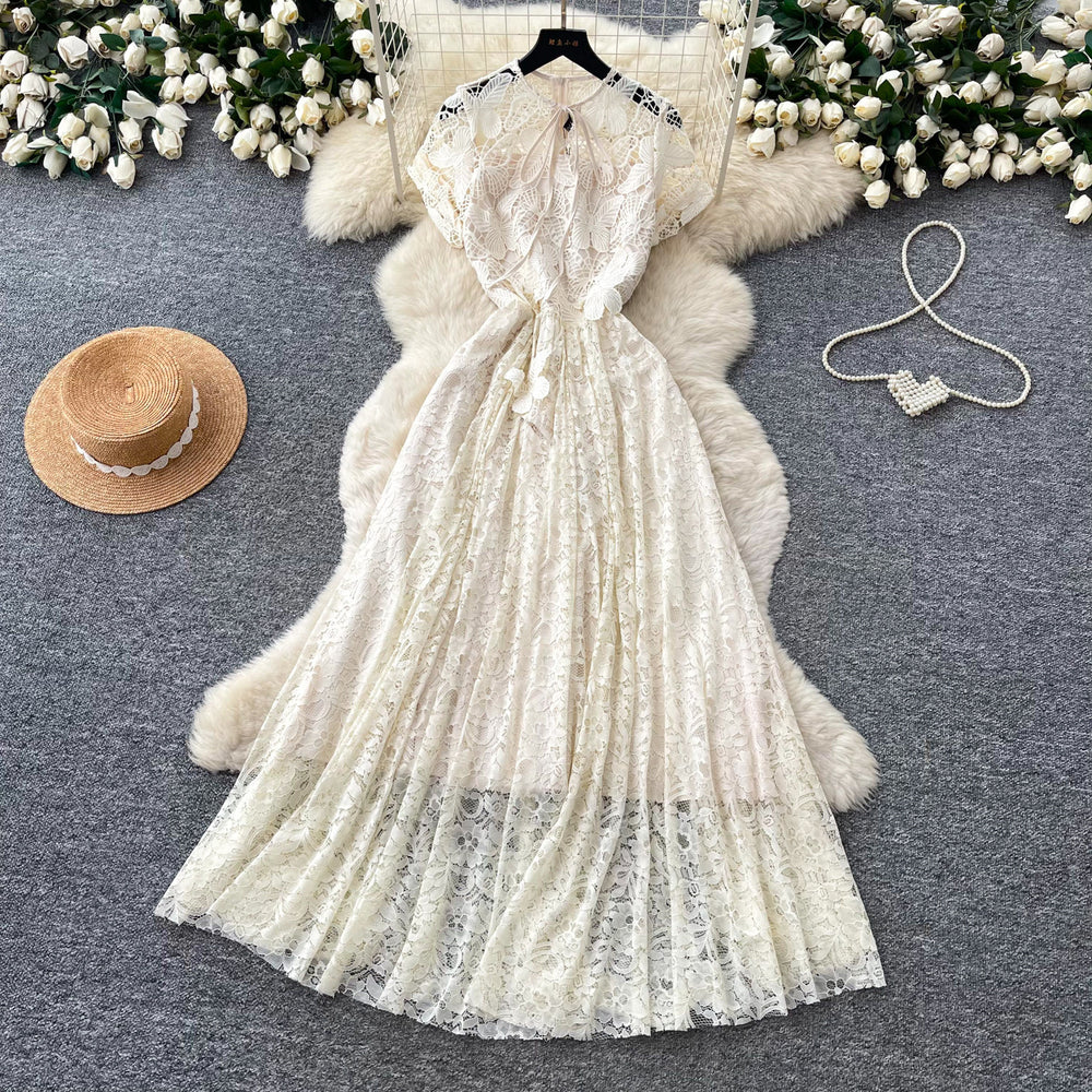French chic lace cutout dress - women's summer tie-waist a-line elegant maxi dress