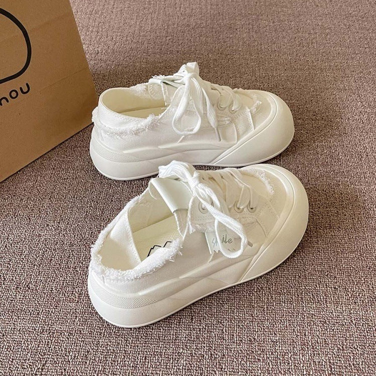 2026 new summer/autumn two-wear slip-on chunky sole canvas sneakers - women's student style, white shoes, versatile bread shoes