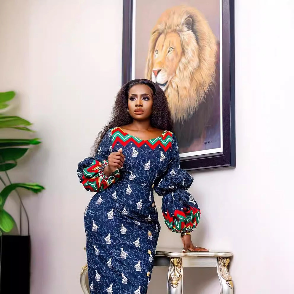 European, american, and african fashion cross-border  new print slim-fit maxi dress with lantern sleeves - special offer