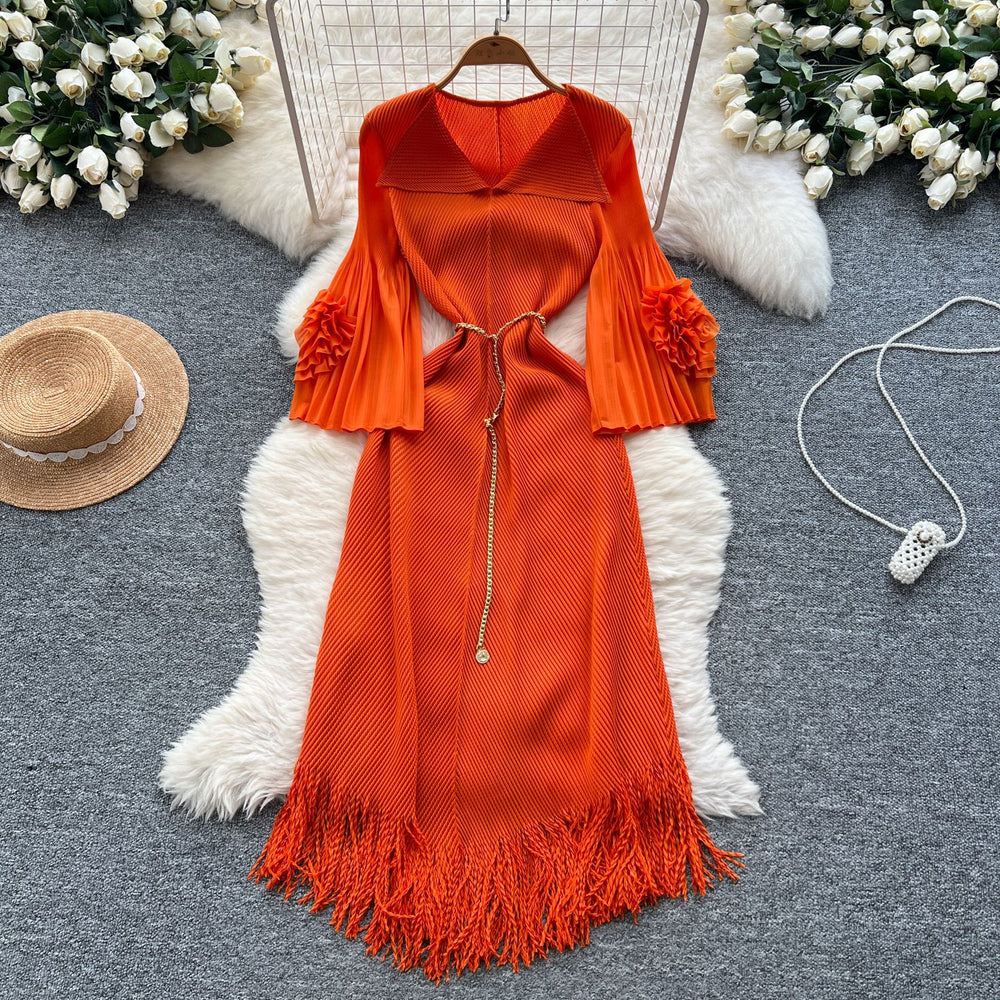 European fashion dress women's  new arrival: high-end tie-waist, collared, floral sleeve, pleated, tassel hem maxi dress