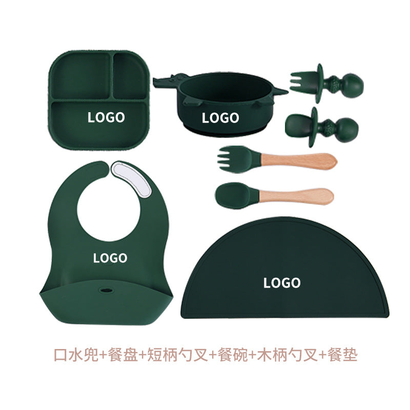 Children's silicone plate set 11-piece set, suction cup non-slip bowl and spoon set, baby food supplement integrated feeding tableware