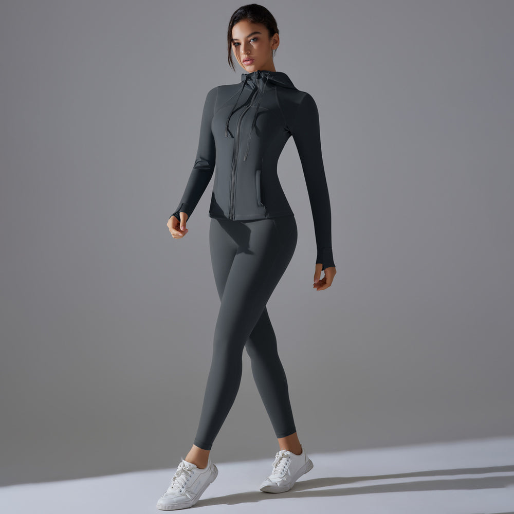 New outdoor running two-piece set: solid color quick-dry yoga outfit with hooded zip-up jacket and long-sleeve fitness set