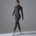 New outdoor running two-piece set: solid color quick-dry yoga outfit with hooded zip-up jacket and long-sleeve fitness set