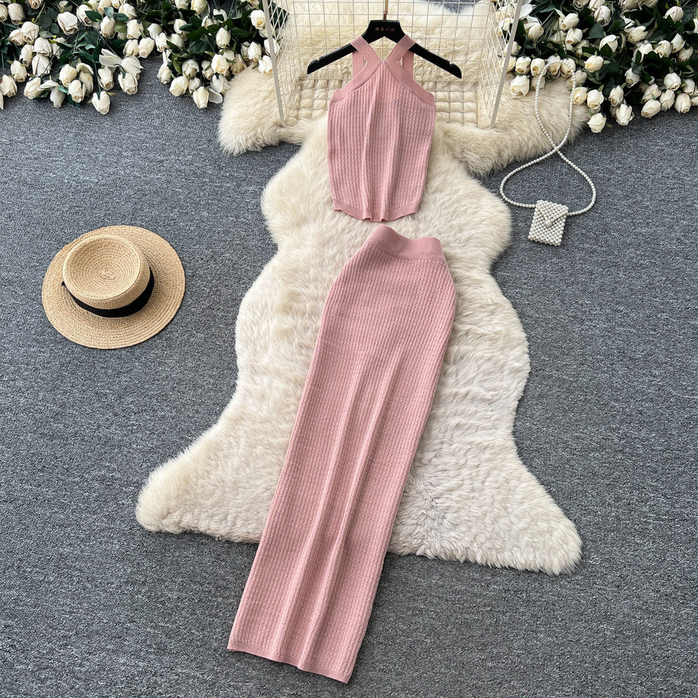 Sexy holiday style knittinghalter vest lazy high waist slit skirt women's summer elegant two-piece setwork clothing