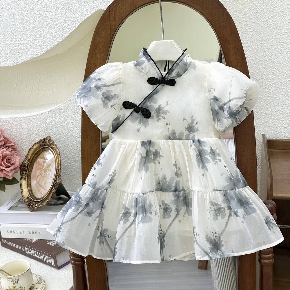 Girl cheongsam dress summer new elegant baby girl chinese style ink retro dress skirt puff sleeve trendy