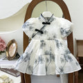 Girl cheongsam dress summer new elegant baby girl chinese style ink retro dress skirt puff sleeve trendy