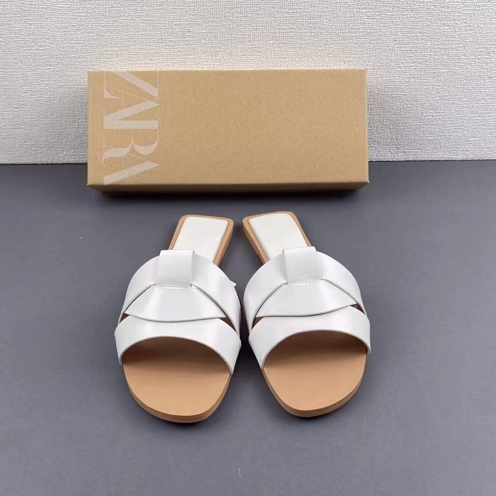 Za2024summernew arrival women's shoes flats cow leather sandals one strap sandals open toe back empty beach shoes outwear