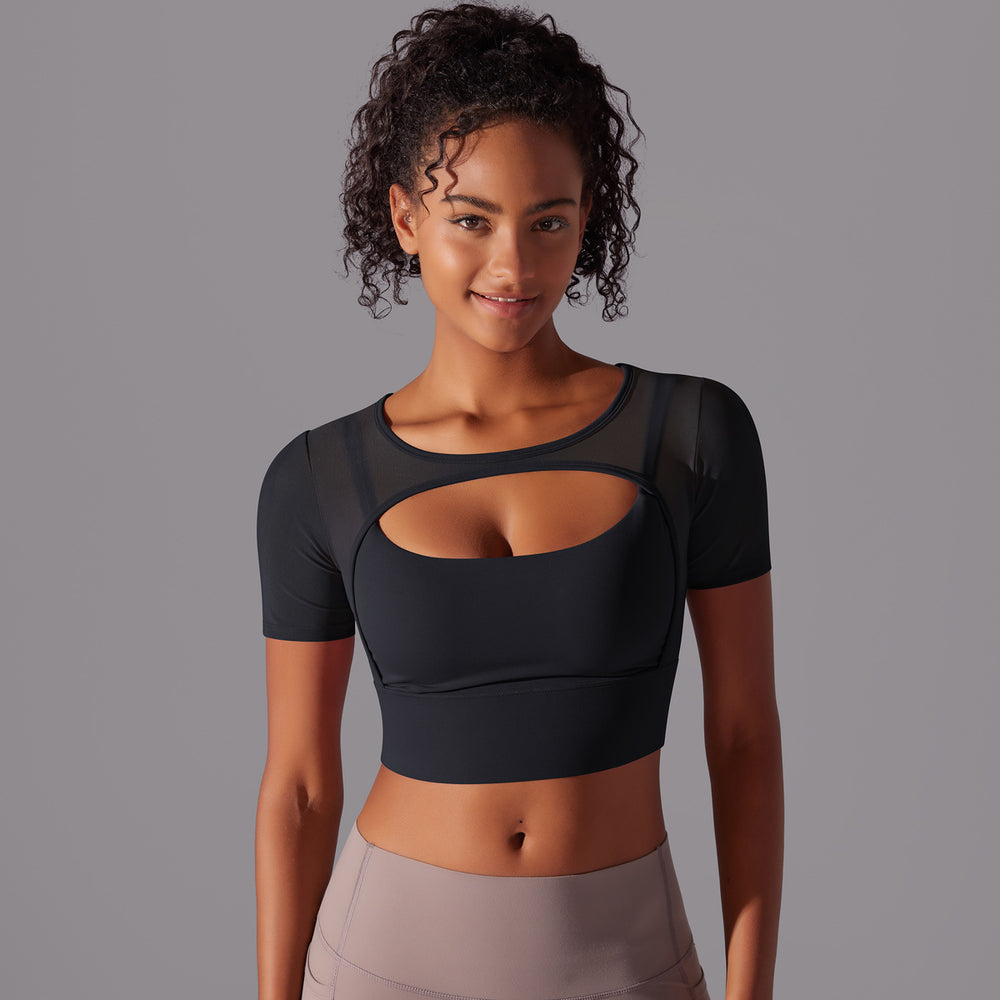 Classic solid color mesh panel sexy double-layer short sleeve cami bra top - running, fitness, and yoga activewear for women