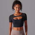 Classic solid color mesh panel sexy double-layer short sleeve cami bra top - running, fitness, and yoga activewear for women