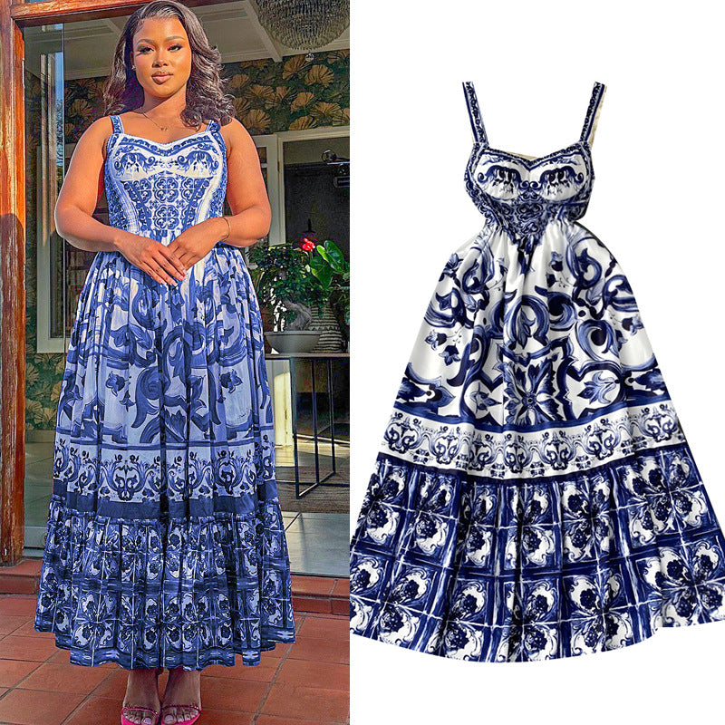 Ethnic style waist slimming lookelegant suspender dress summer women's clothing classy sense printing beautiful a-line long skirt