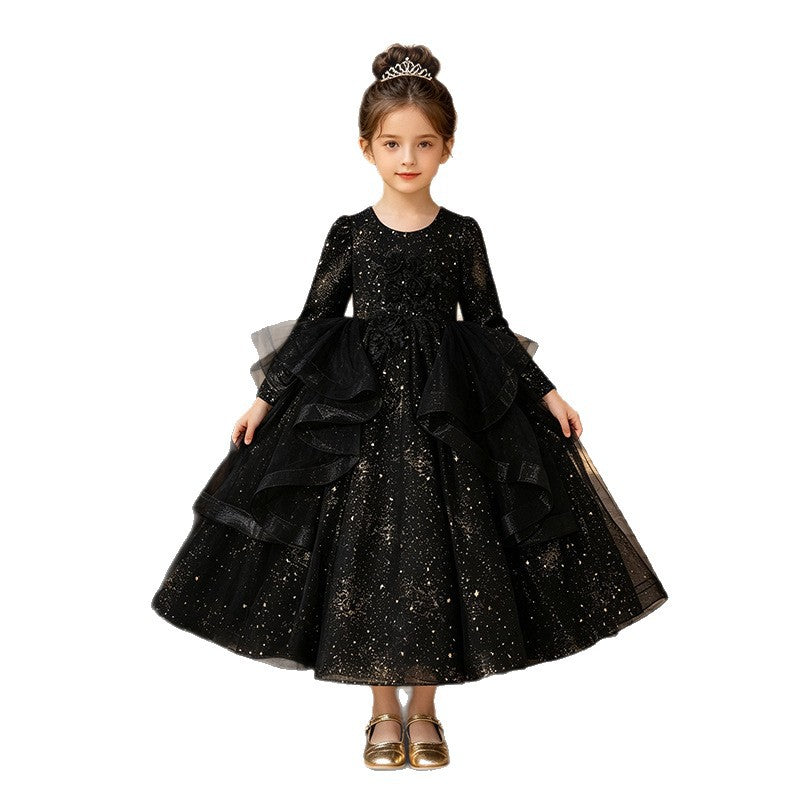 Girls' long-sleeve dark academia tulle dresses - wholesale for cross-border e-commerce, perfect for flower girls, weddings, and piano recitals - in stock & ready to ship ( compatible)