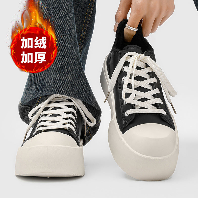 Mickey mouse big head derby shoes for men - autumn chunky sole height increasing casual warm versatile sneakers - unique design fleece-lined leather shoes