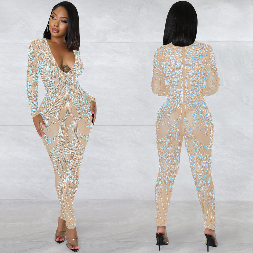 C5885   fashion sexy nightclub mesh see-through long sleeve v-neck jumpsuit women's bodysuit