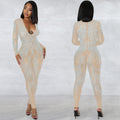 C5885   fashion sexy nightclub mesh see-through long sleeve v-neck jumpsuit women's bodysuit