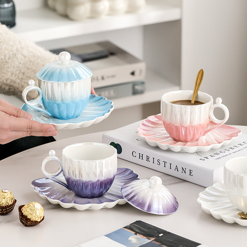 Instagrammable, high-style, creative fairy tear pearl shell ceramic coffee cup and saucer set - premium home drinkware