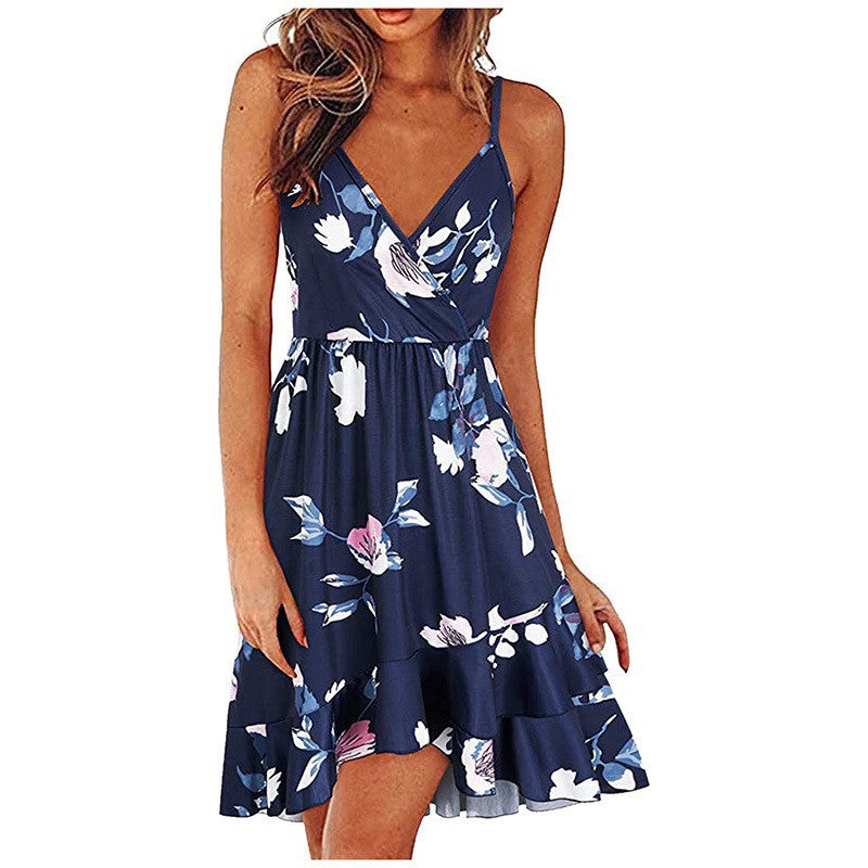 summer new european and american style sexy fashion v-neck cami dress sleeveless backless printed dress