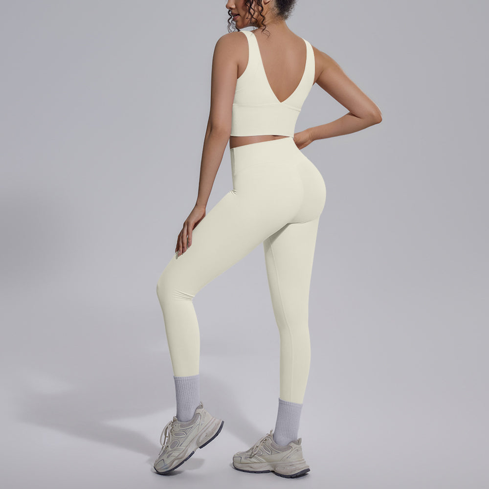 pure color double-sided brocade v-shaped beautiful back breathable tight-fitting yoga suit sports running fitness two-piece set for women