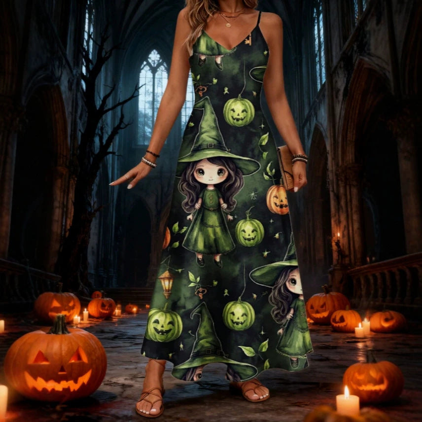 halloween pattern printing longdressv neckloose vacation suspender skirt
