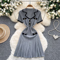 French chic chanel-inspired color block knit dress with peter pan collar, metal buckle waist, and slimming fit