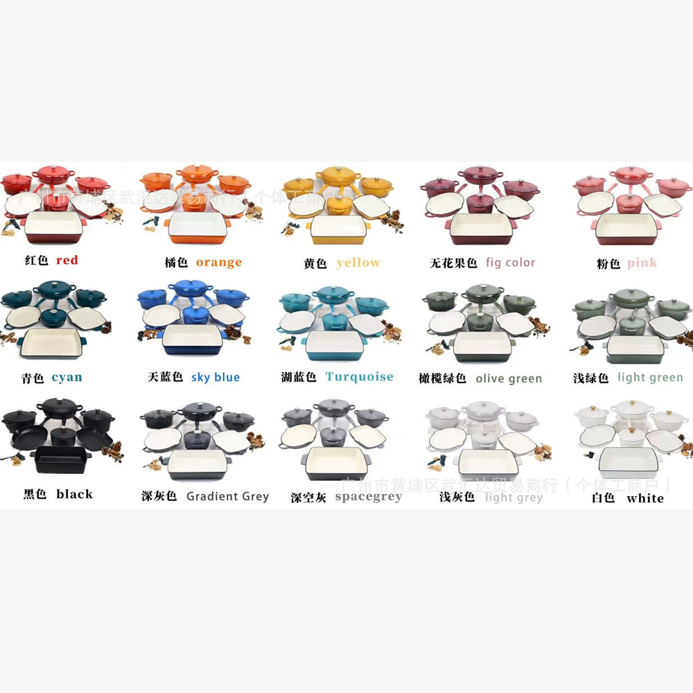 Household cast iron enamel non-stick pot seven-piece multi-purpose stew pot round frying pan steak plate baking dish pot set