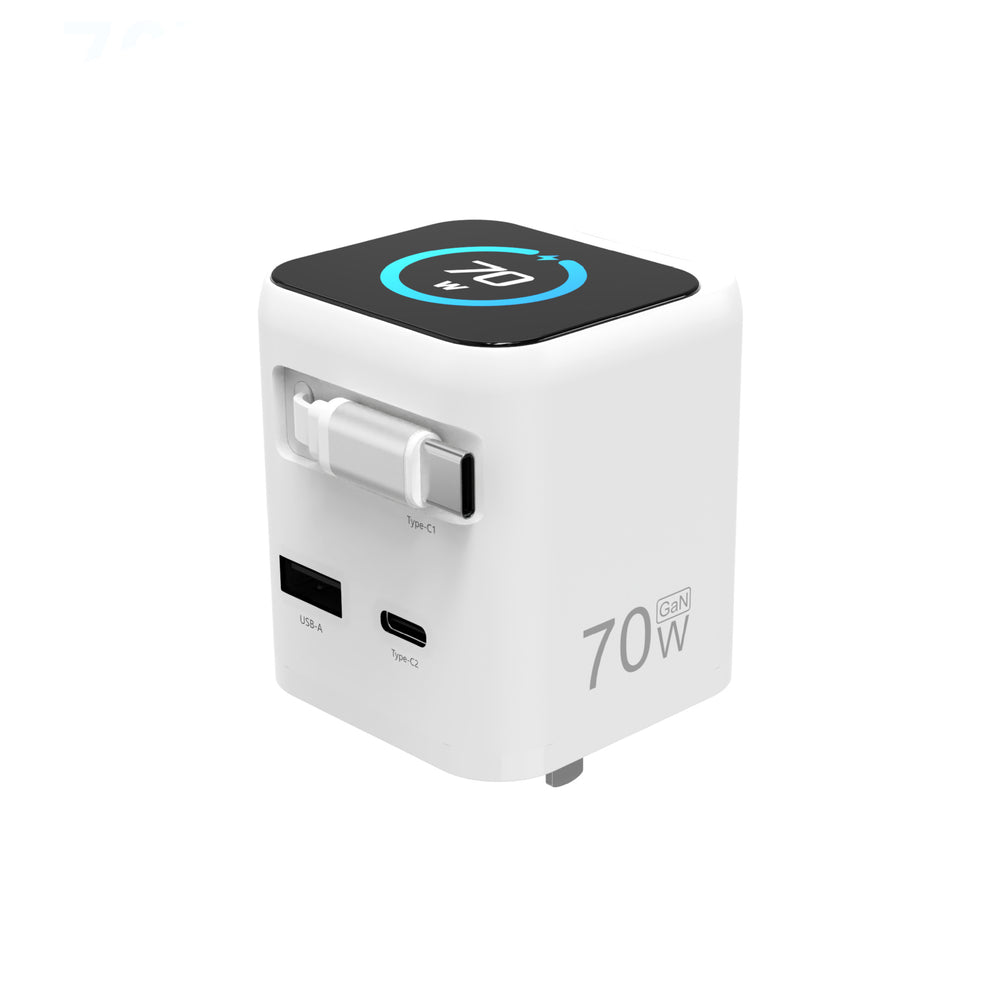70w gan retractable cable digital display fast charger with tft screen, compatible with apple and huawei phones