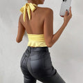 new european and american cross-border milk silk sexy hot girl deep v waist-cinching slimming design halter top