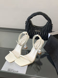 2025 summer french style square toe ankle strap stiletto heel sandals - solid color mid-heel women's shoes