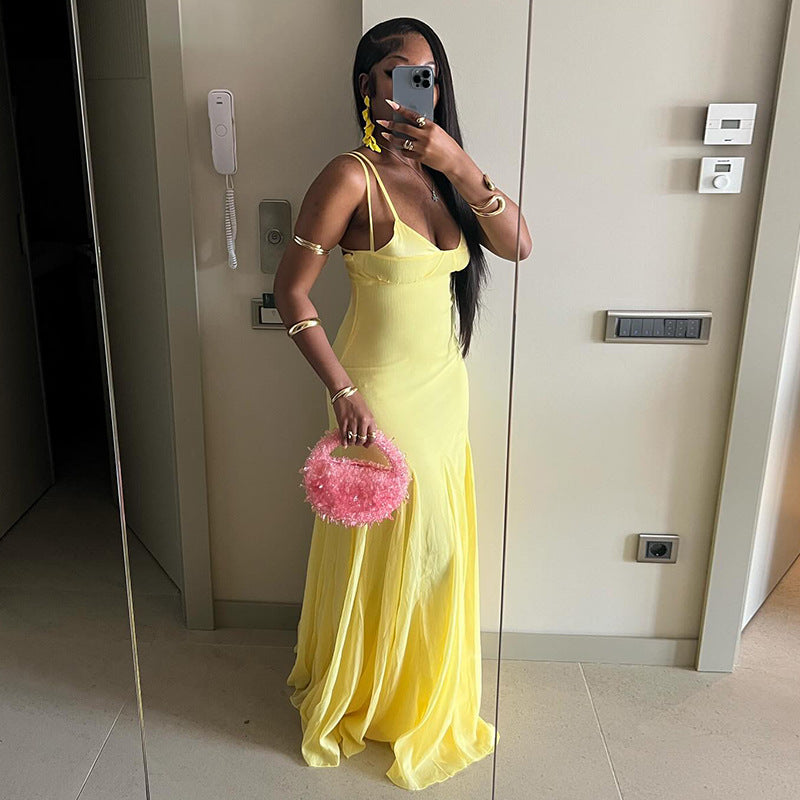 European and american women's clothing  autumn new sweet and fresh spaghetti strap v-neck high-waisted slimming a-line maxi dress