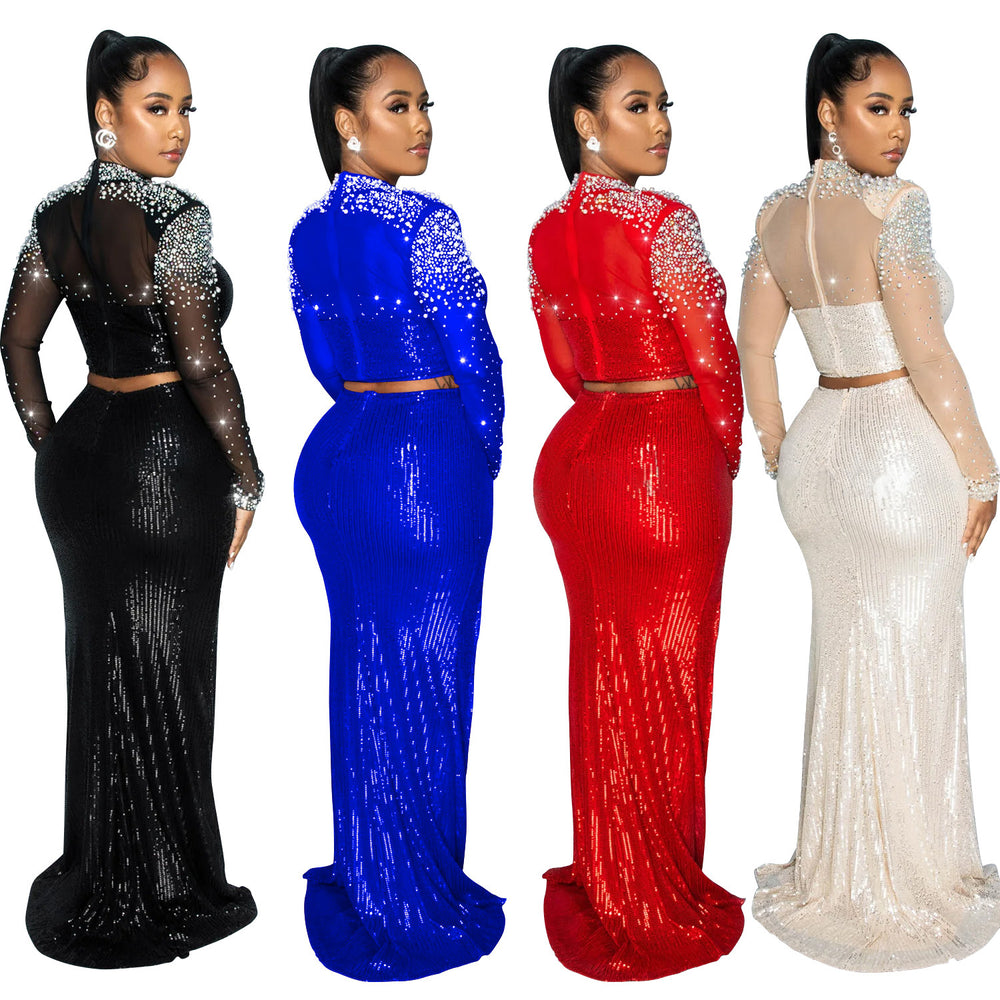 C6810 cross-border   fashion women's round neck mesh sequin long sleeve maxi dress two-piece set