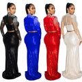 C6810 cross-border   fashion women's round neck mesh sequin long sleeve maxi dress two-piece set