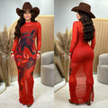 C7716 cross-border   fashion women's sexy mesh print rhinestone dress set