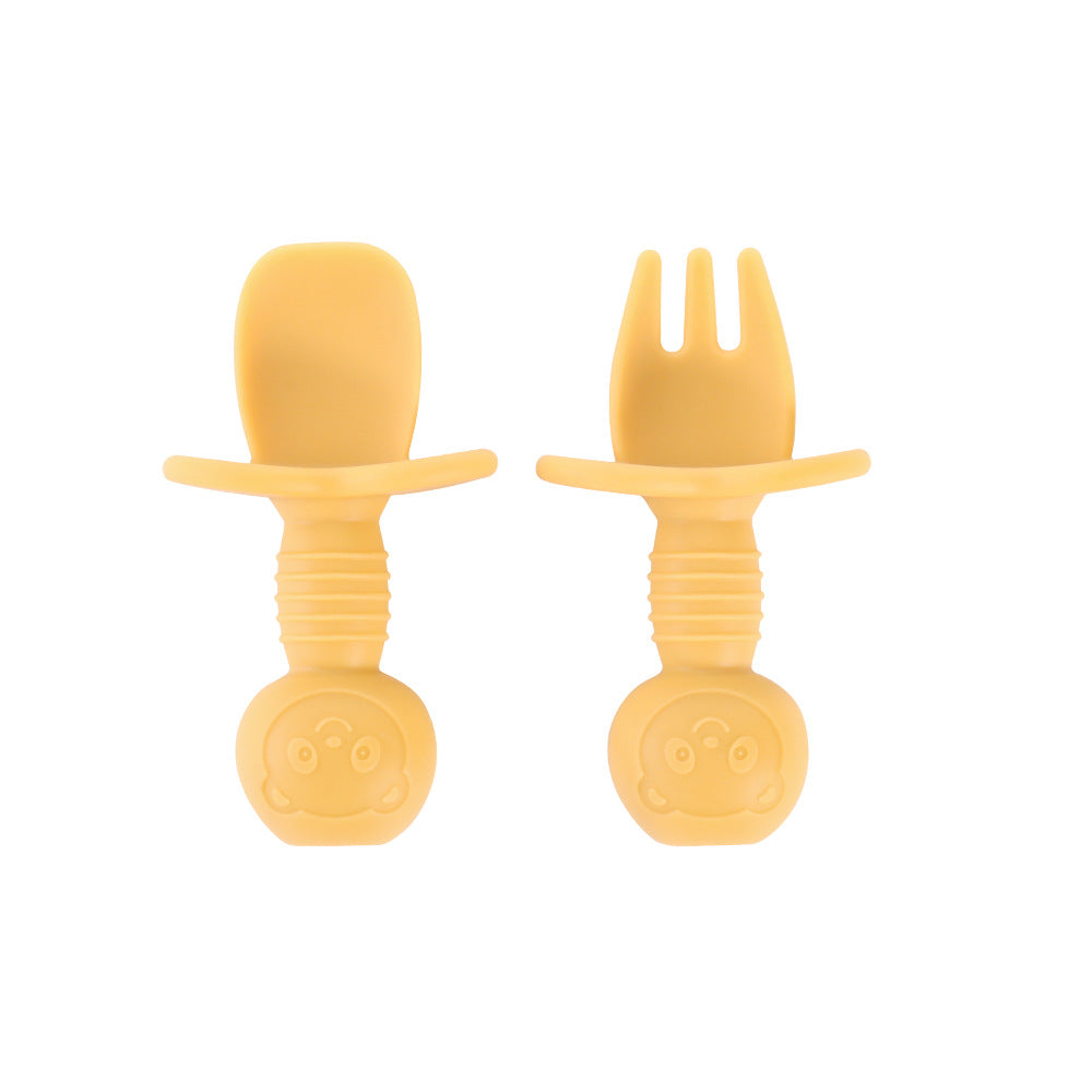 Children's bear fork and spoon set Baby eating training Silicone licking spoon Silicone fork and spoon Baby food supplement tableware spoon