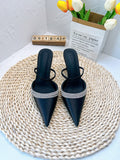Yx2026new arrival rhinestone french high heels women's stiletto pointed toe shallow half drag one-word belt silks and satins toe cap sandals