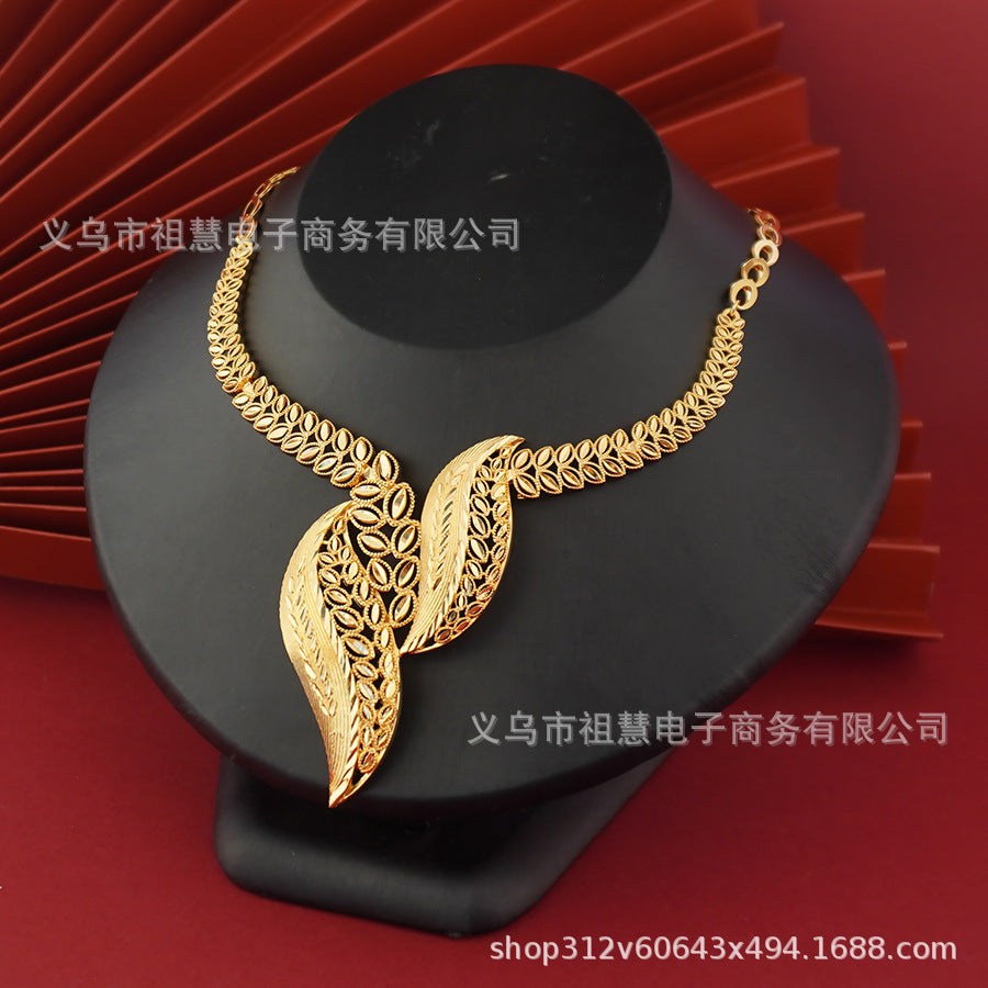 Hollow jewelry tassel suit gold plated elegance leaf earrings, women's classy accessories leaf necklace pendant