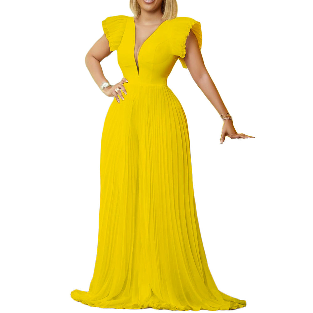 D196   summer flying sleeve elegant pleated patchwork deep v neck mop cross-border fashion jumpsuit