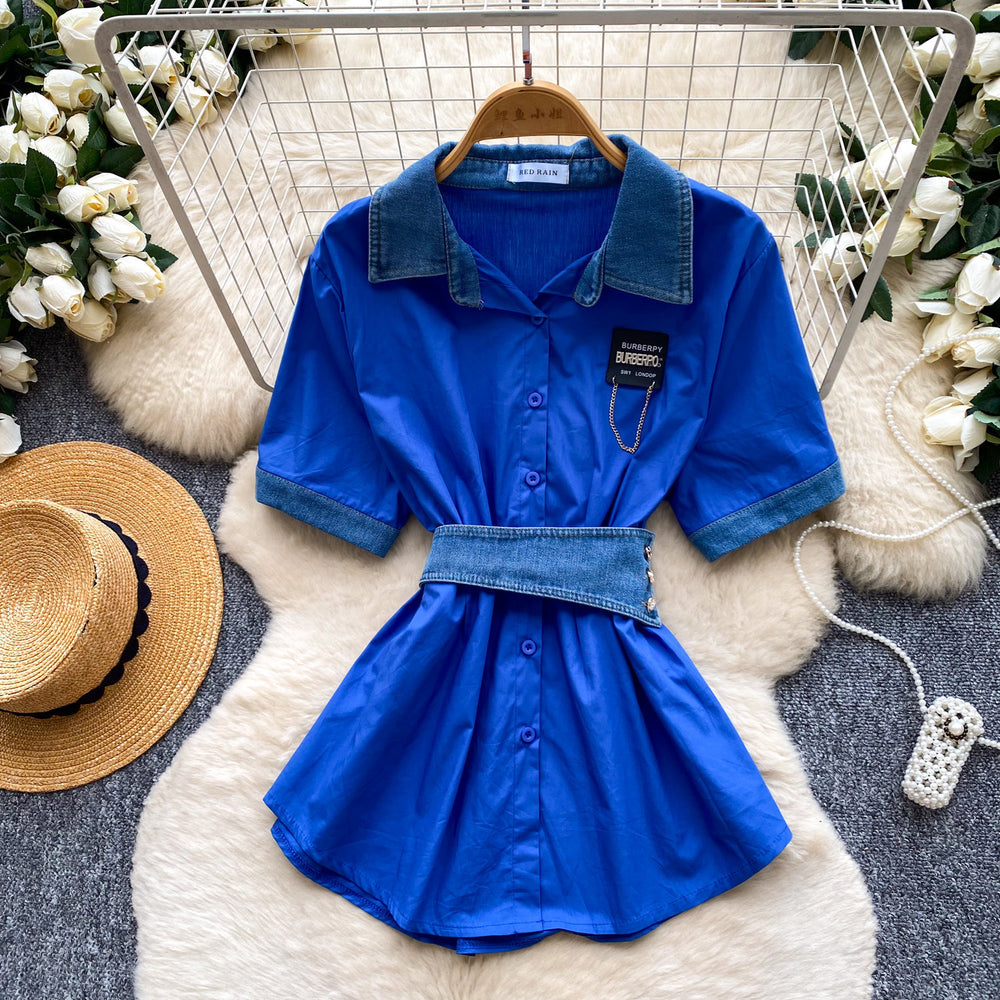 Korean style commute chic: denim patchwork turn-down collar shirt - women's summer short sleeve, cinched waist, tie-up, slimming, designer top