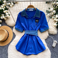 Korean style commute chic: denim patchwork turn-down collar shirt - women's summer short sleeve, cinched waist, tie-up, slimming, designer top