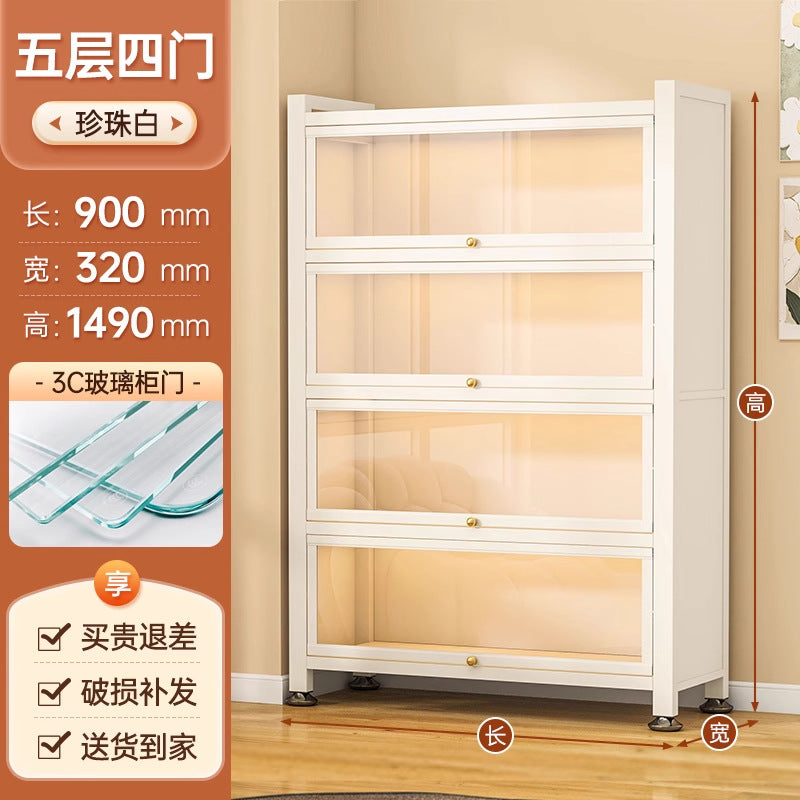 Steel bookcase glass door bookshelf for home living room storage cabinet floor-standing dust-proof figure display cabinet iron storage rack