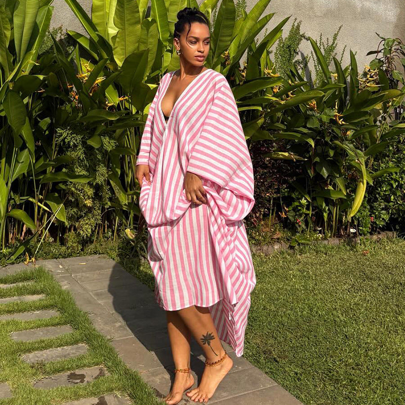 European and american plus-size women's clothing:  autumn new arrivals - stylish and chic vacation-ready pink striped maxi dress