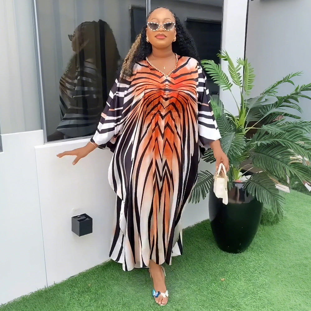 Temu cross-border e-commerce  fashion style fashion gradient stripes african women's large size adjustable waist dress