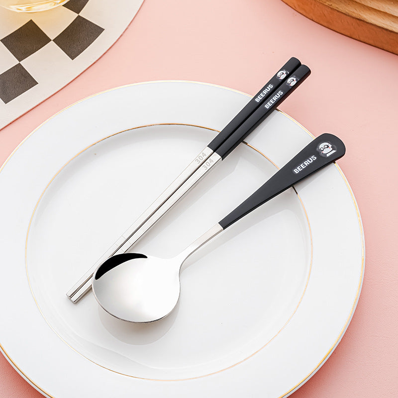 Cartoon 304 stainless steel chopsticks and spoon set - kids' dinnerware with original beerus collaboration design - wholesale