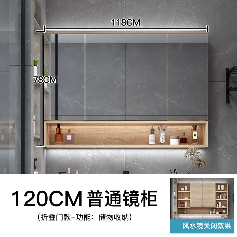 Paint-free solid wood bathroom intelligent hidden folding feng shui mirror cabinet with separate lamp storage rack manufacturer supply