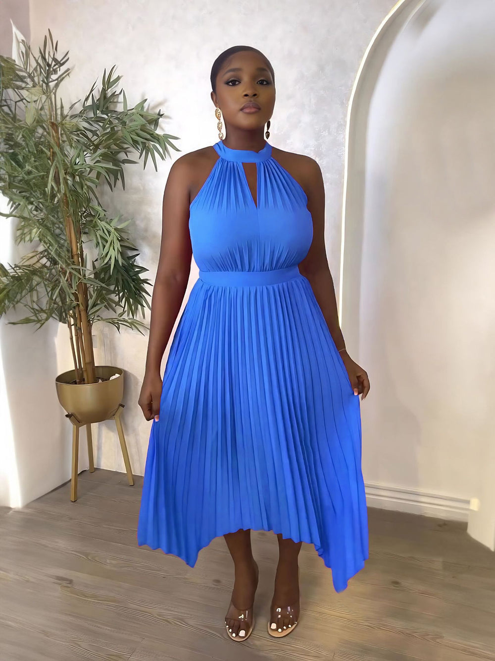 new sleeveless off-the-shoulder pleated asymmetrical halter neck slit pleated dress for cross-border fashion on  (us & europe)